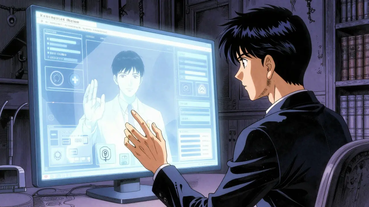 Person using a digital telehealth service for a medical consultation in intricate anime style.