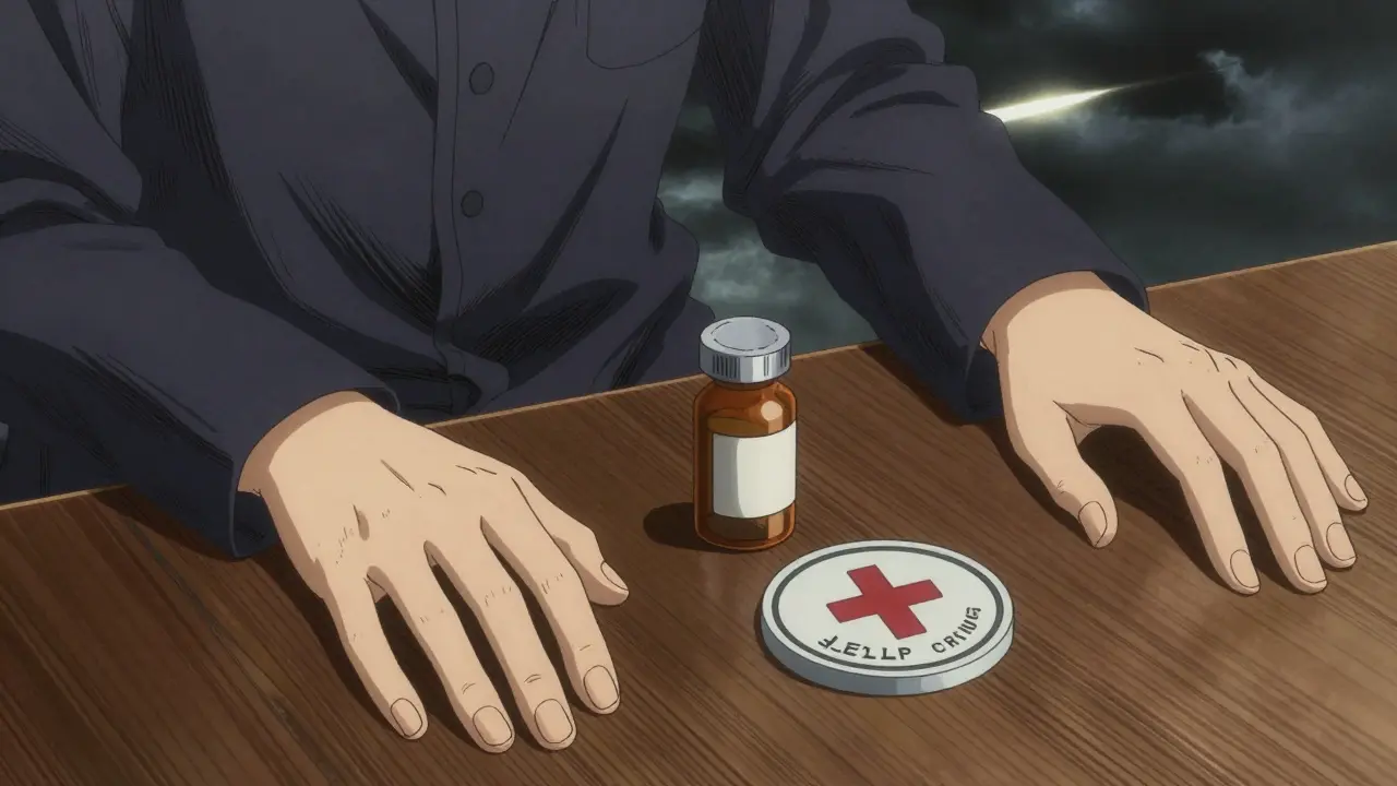 Steady hands resting next to a medicine bottle in a dark fantasy manga style