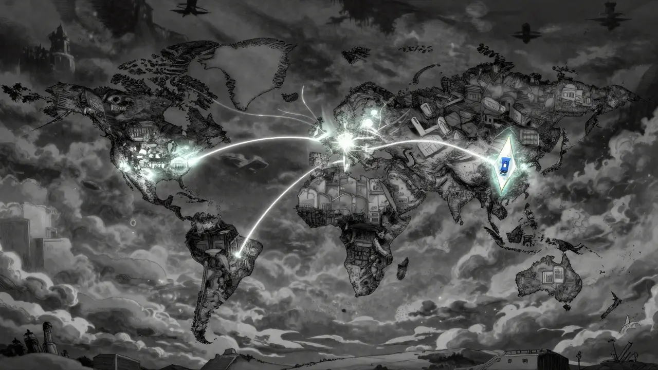 Stylized global map showing medical shipping routes in a detailed ink manga style