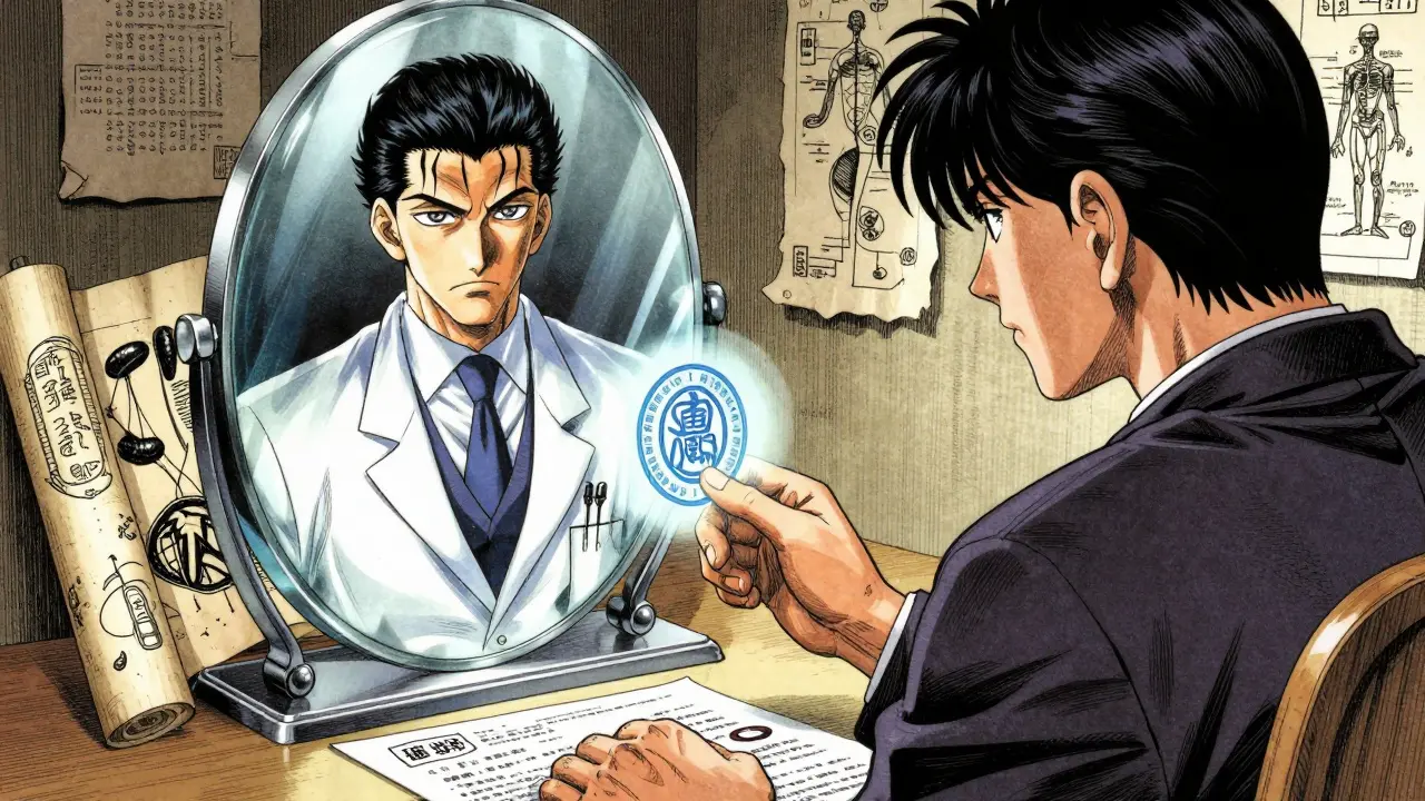 Telemedicine consultation shown as a mystical mirror interaction in detailed manga style.