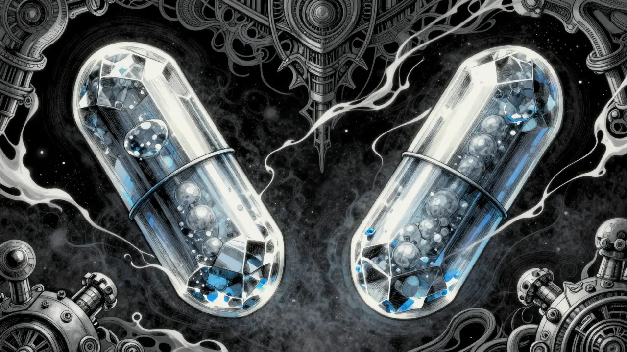 Two identical crystalline pills connected by energy currents symbolizing scientific bioequivalence.