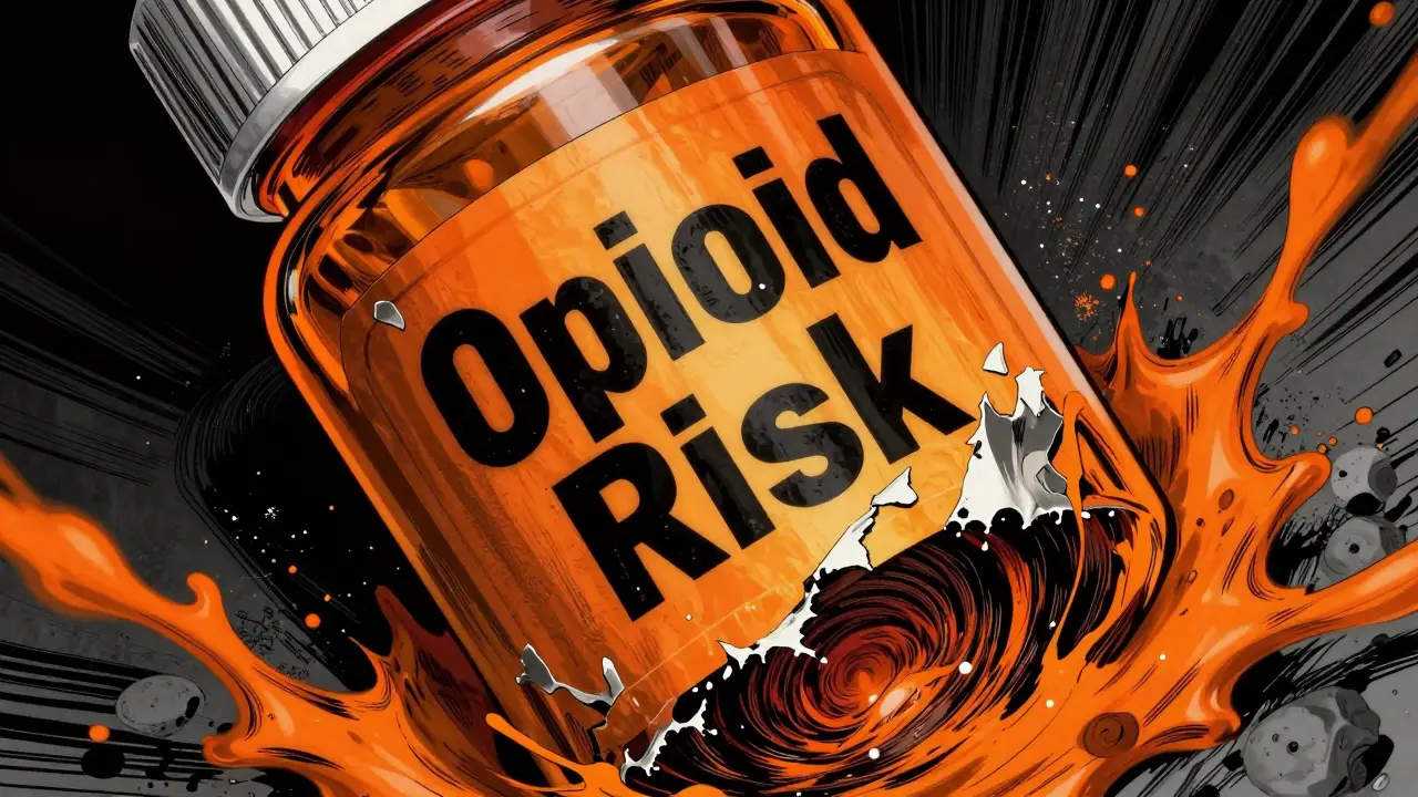 A menacing fluorescent orange warning sticker peeling off a pill bottle, revealing dark energy underneath.