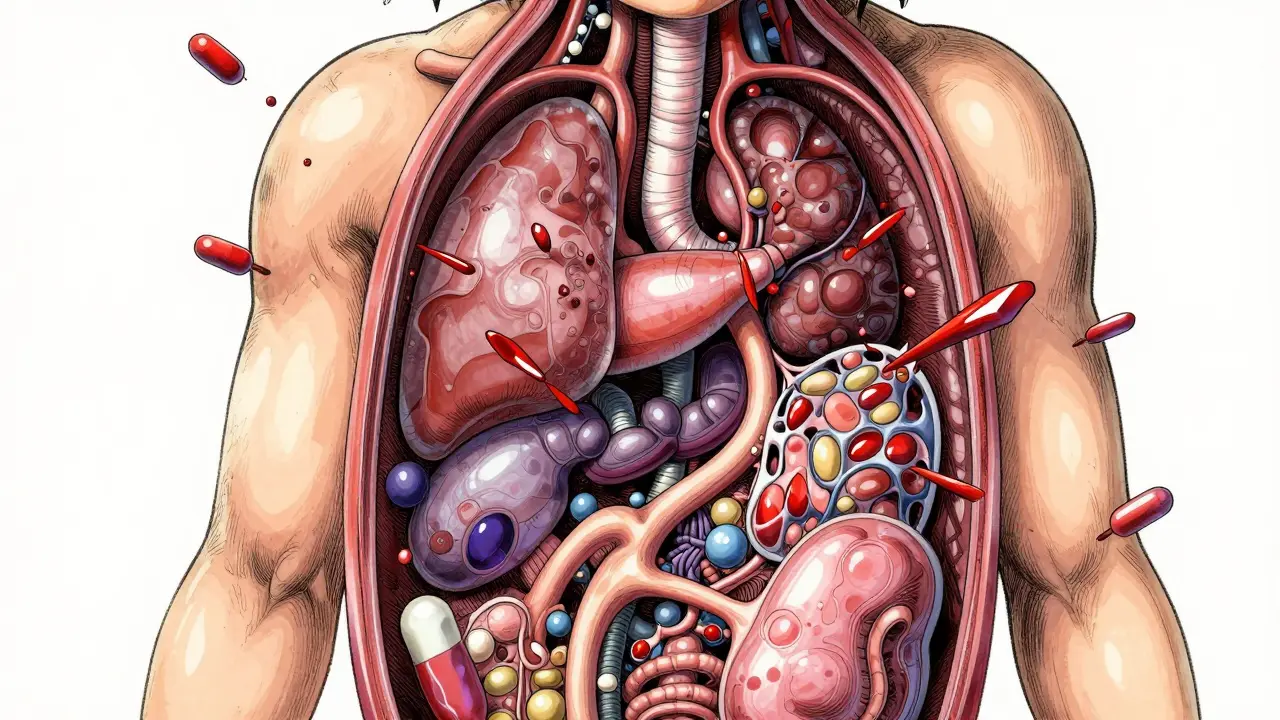 Abstract illustration of drugs harming a child's internal organs