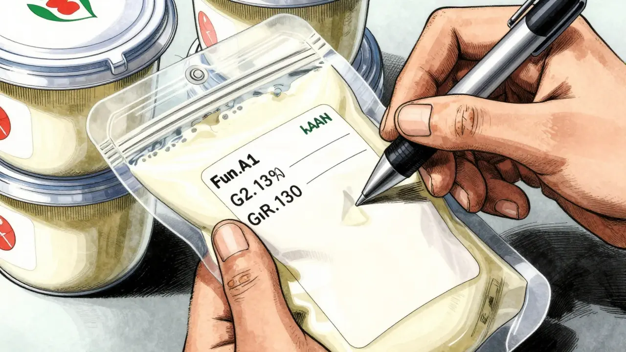 Close up of hand labeling breast milk container with precise detail