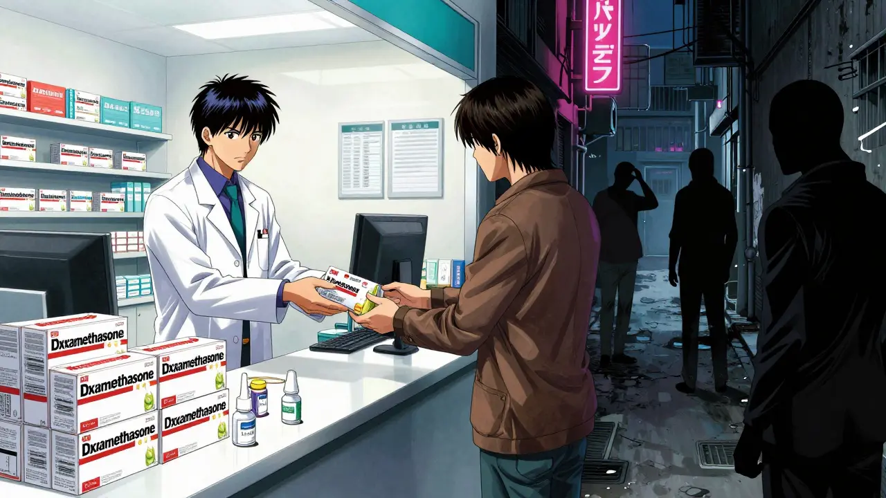 Contrast between safe pharmacy pickup and dangerous black market deals