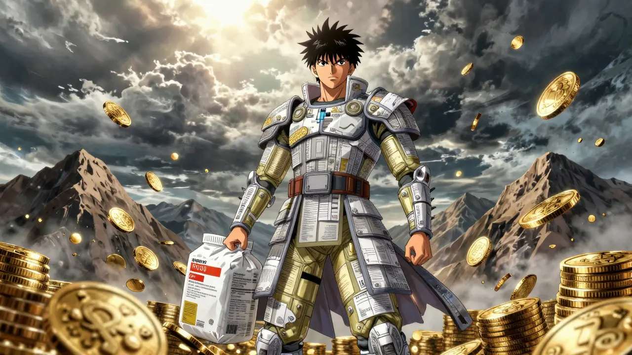 Figure holding bulk meds as gold coins vanish into stormy sky