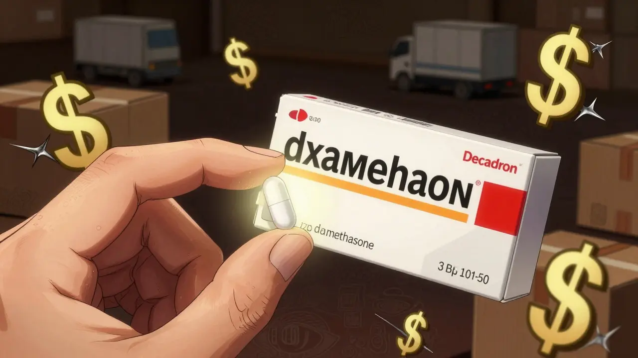 Hand comparing cheap generic pill vs expensive brand medication