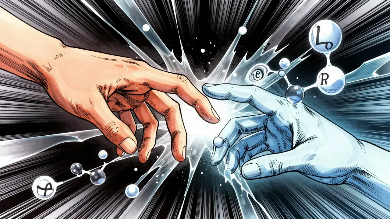 Hands separated by chemical barriers representing drug side effects