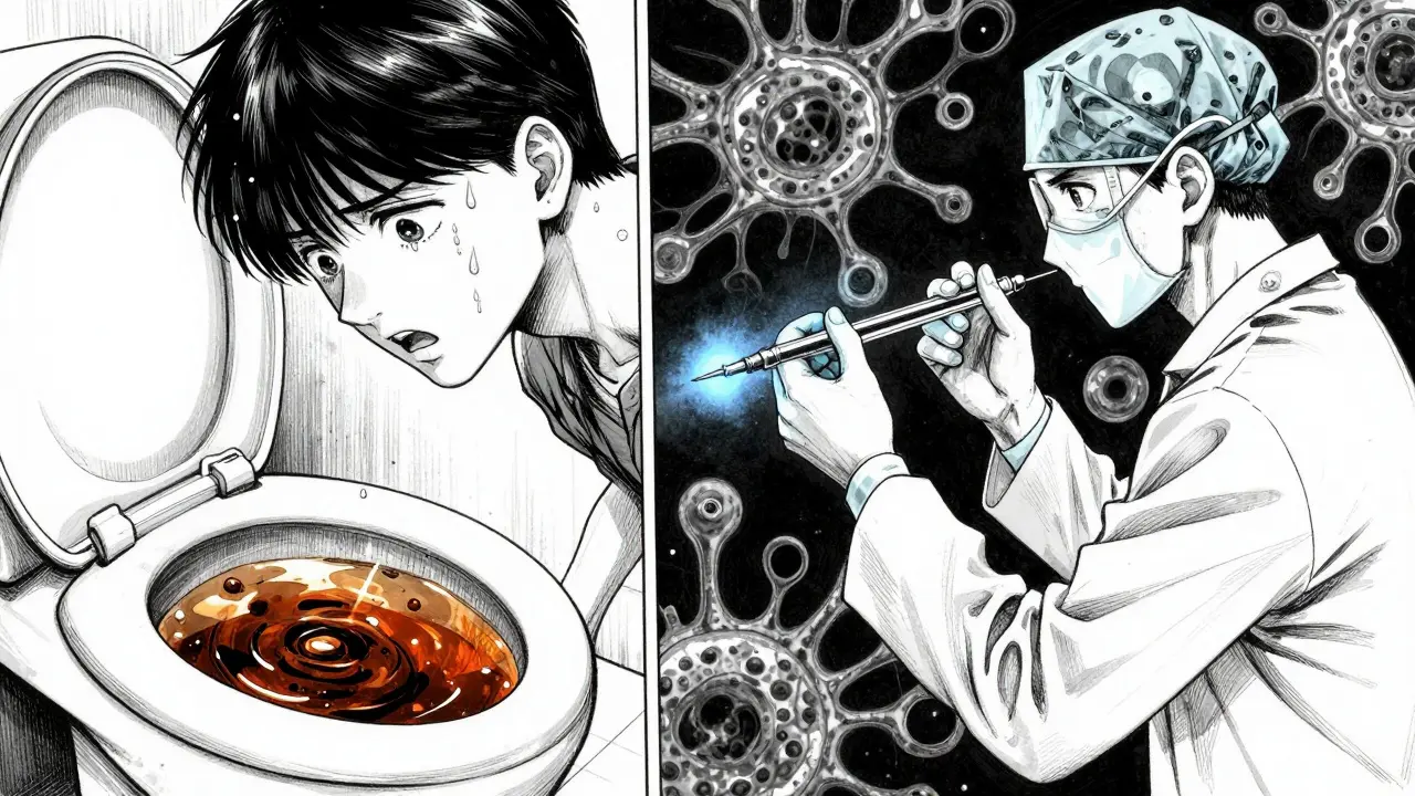 Manga style scene of blood in urine and kidney biopsy