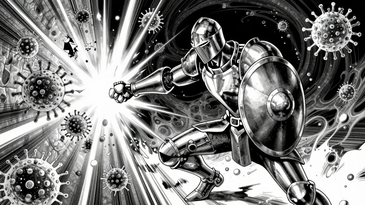 Manga-style warrior representing an antibiotic striking a blow against a bacterial cell wall.