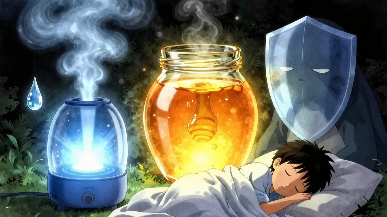 Natural remedies like honey and humidifier protecting a child