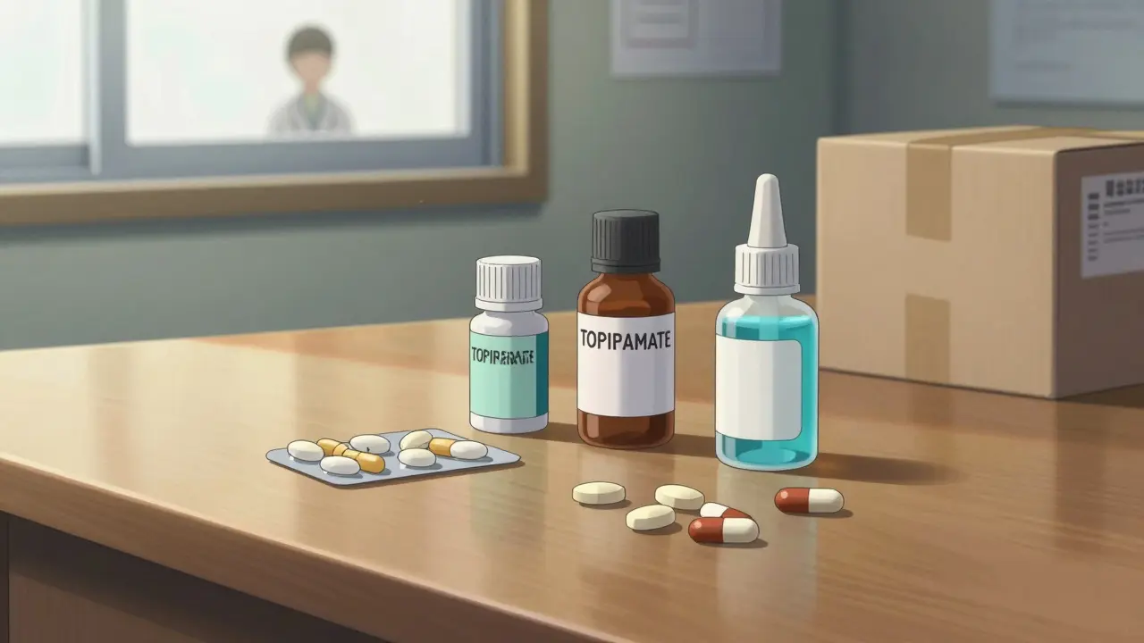 Neatly arranged generic topiramate pills and liquids on a desk