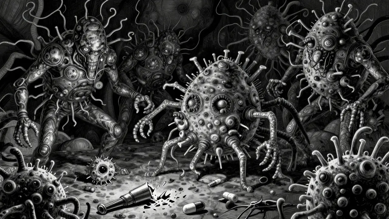Ominous depiction of mutated, resistant bacteria emerging from shadows after battle.