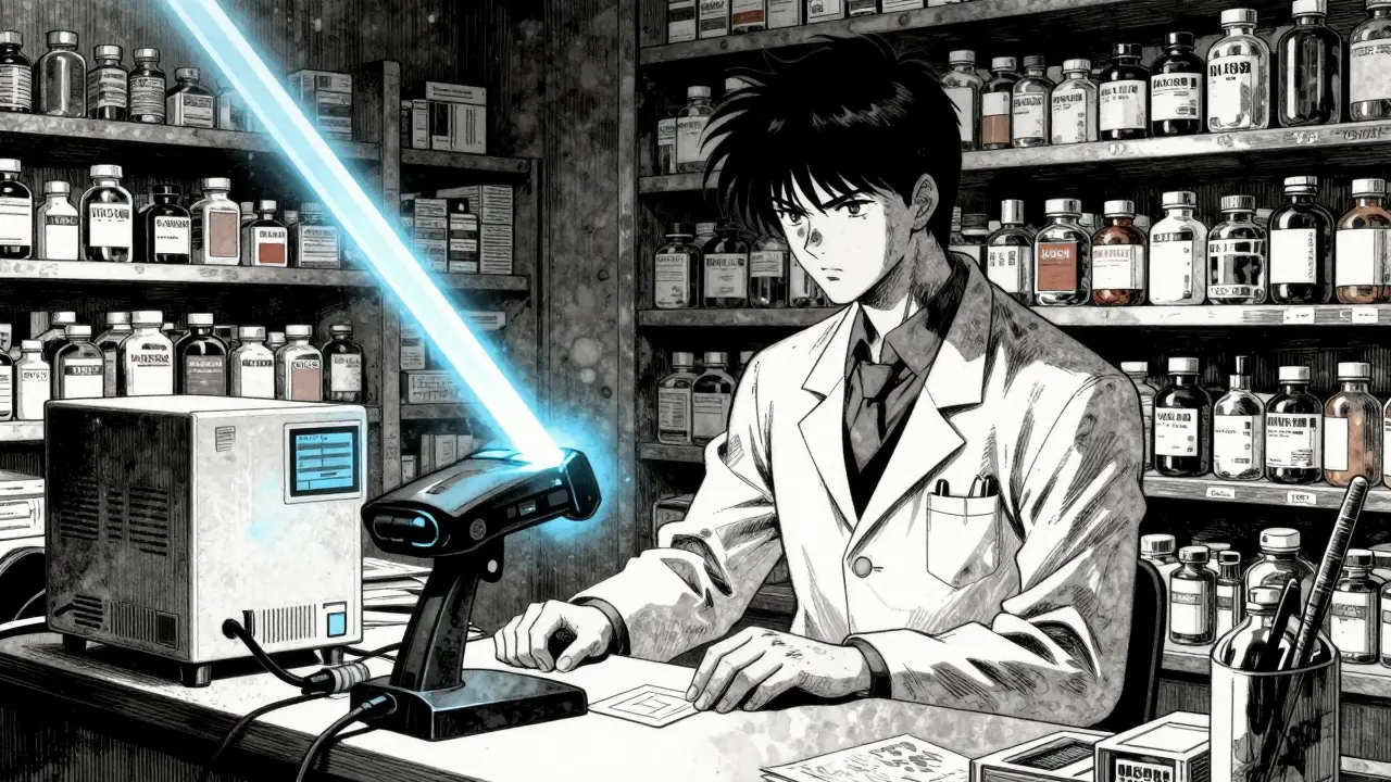 Pharmacist scanning a barcode on a prescription label with intense focus in a dimly lit, detailed pharmacy.