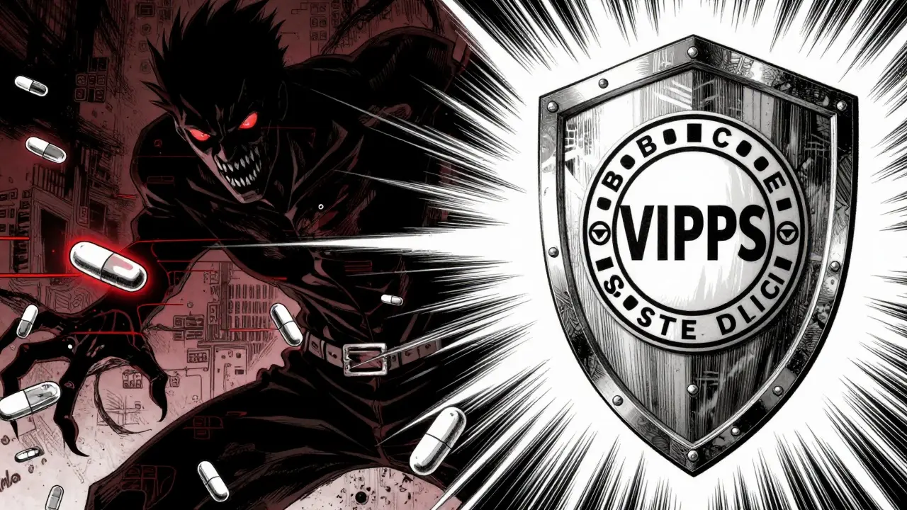 Shadowy counterfeit drug figure vs VIPPS shield protection