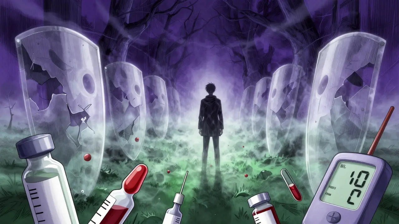 Symbolic art showing immune suppression and medication side effects