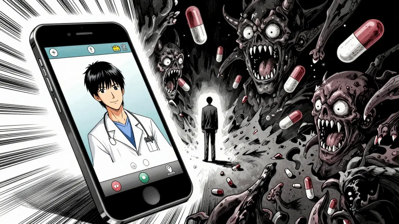 Telehealth consultation glowing safely against dark scam monsters