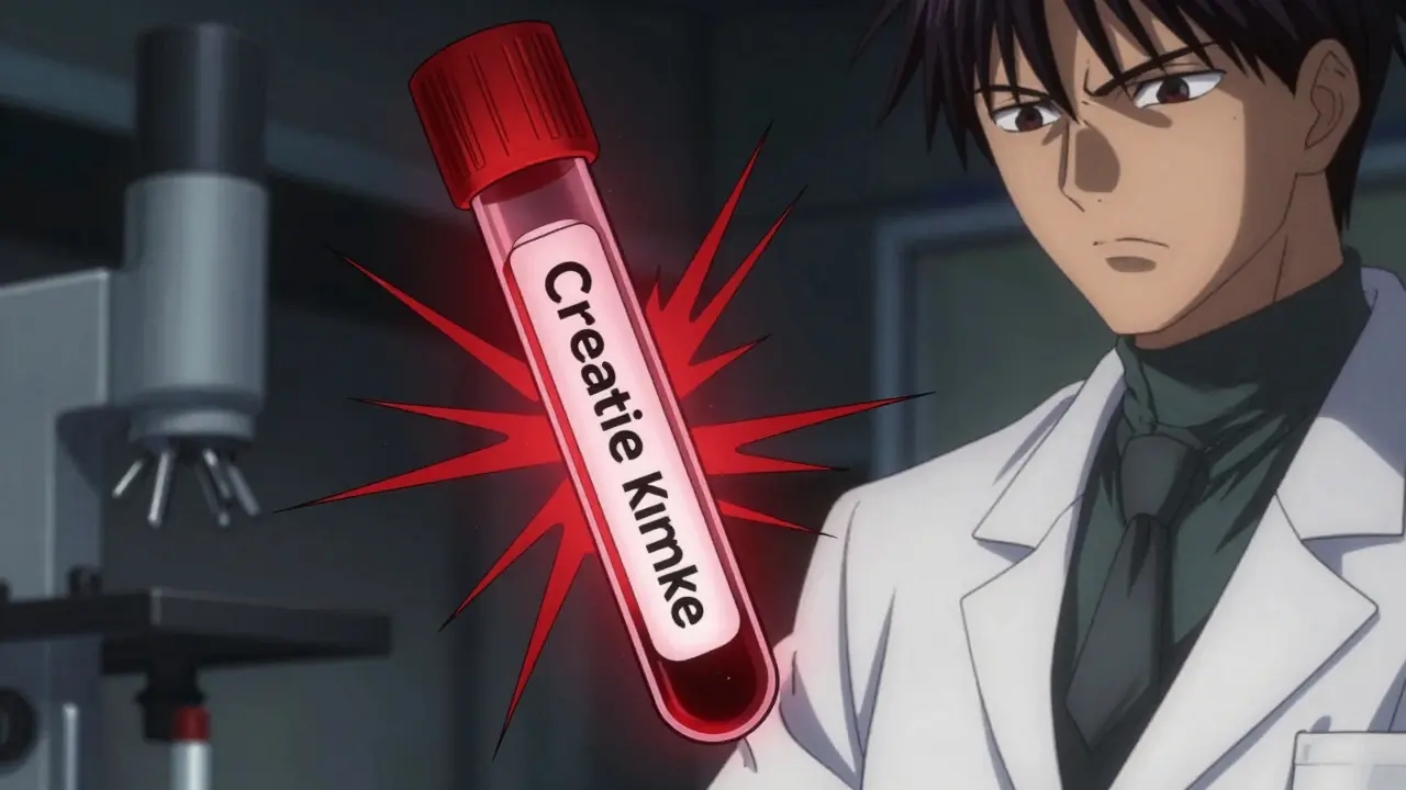 Blood vial glowing red, symbolizing elevated Creatine Kinase levels in lab