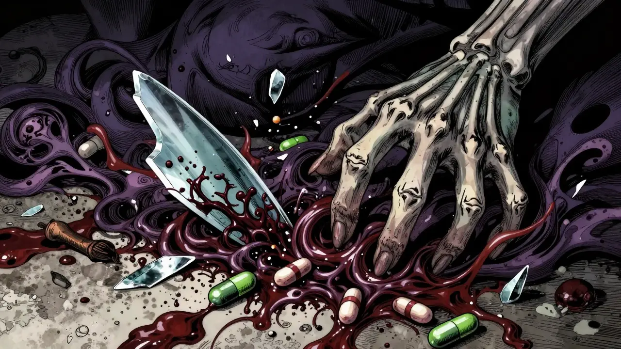 Crushed pills revealing toxic sludge and skeletal imagery in dark art