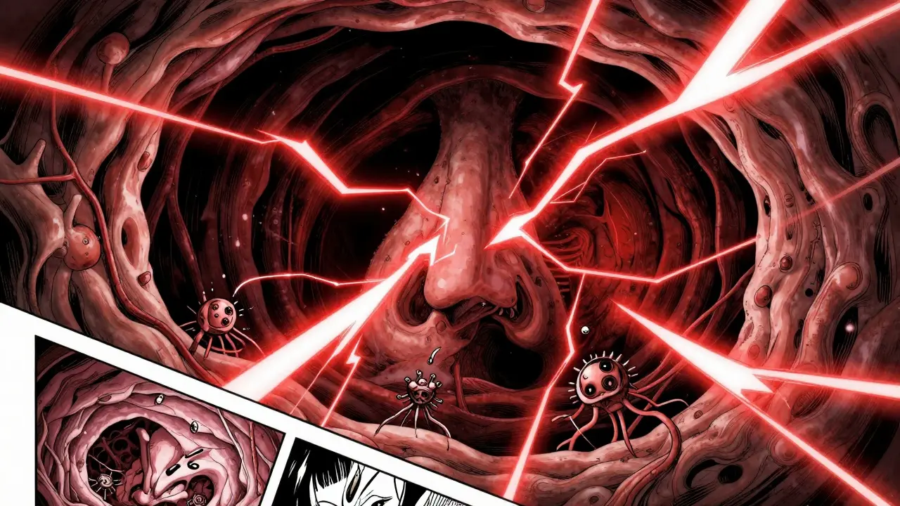 Detailed cross-section of nasal nerves firing with red lightning bolts