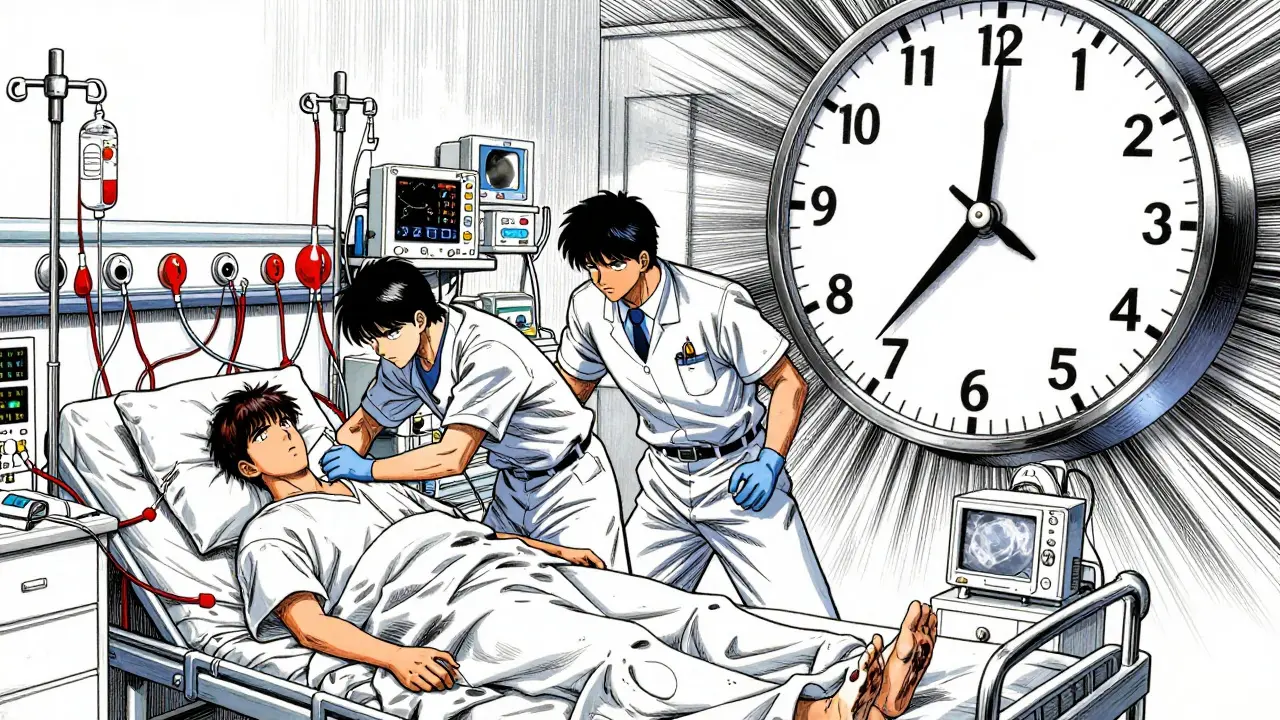 Doctors rushing to treat sepsis patient in ER during the critical golden hour, manga style.