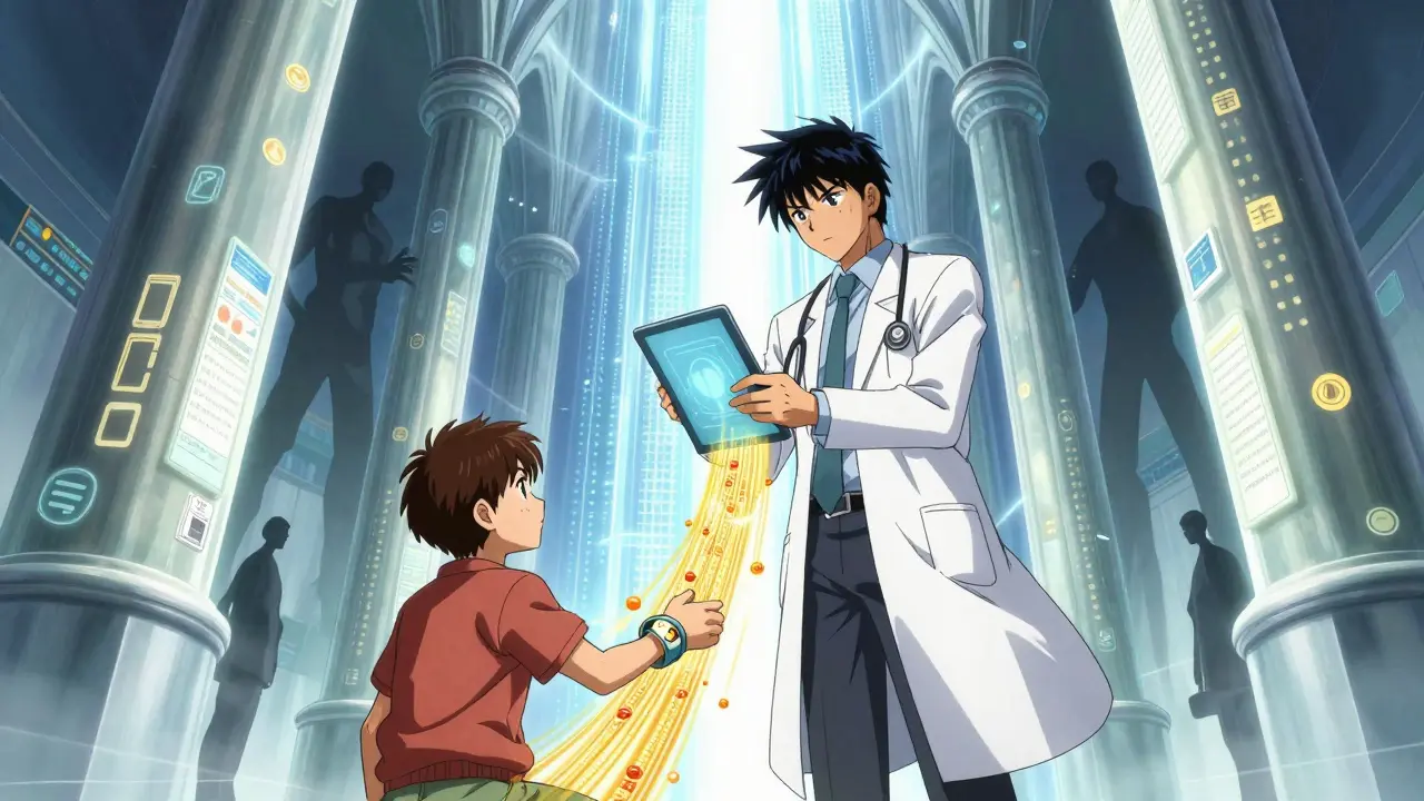 Epic manga scene: Doctor using data streams to protect patient from illness