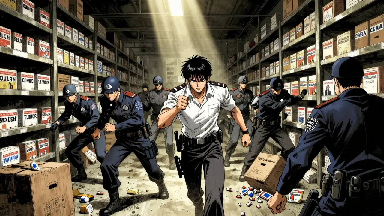 Law enforcement raiding warehouse full of counterfeit medicines