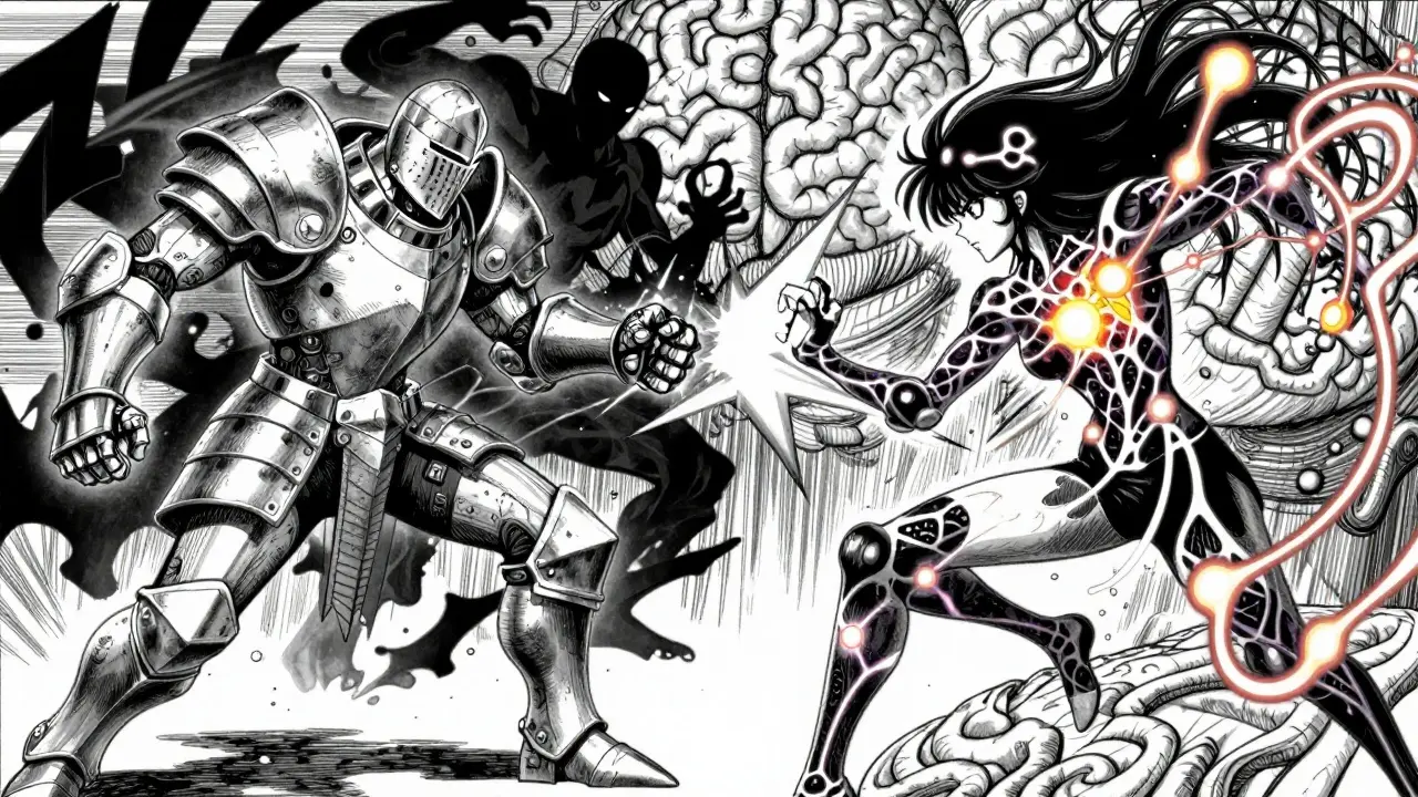 Manga style battle between typical and atypical drug concepts