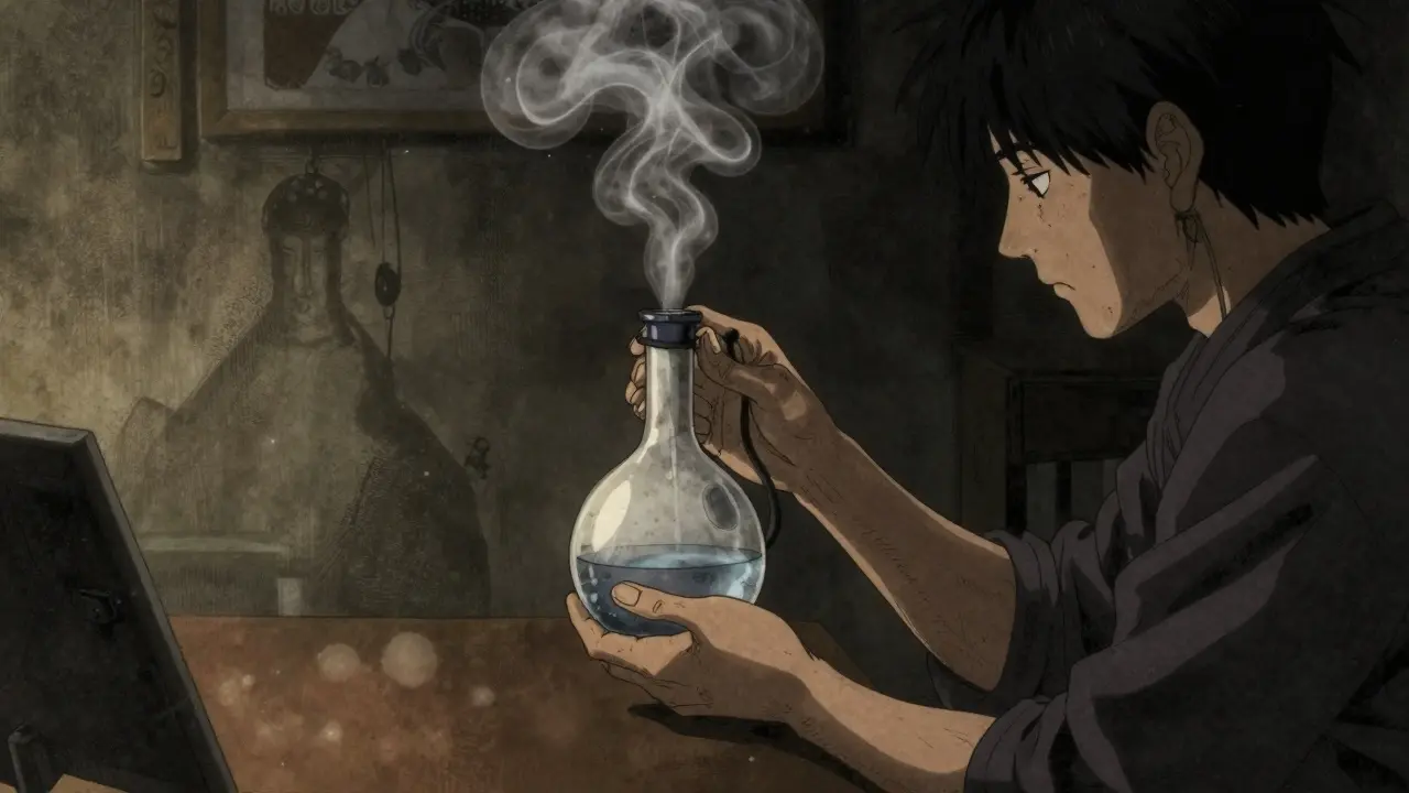 Person using a neti pot for saline irrigation in dramatic lighting