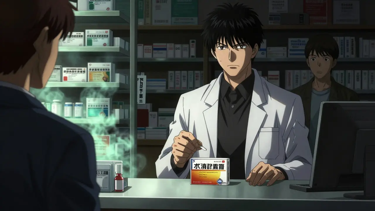 Pharmacist holding restricted decongestant meds under dramatic lighting