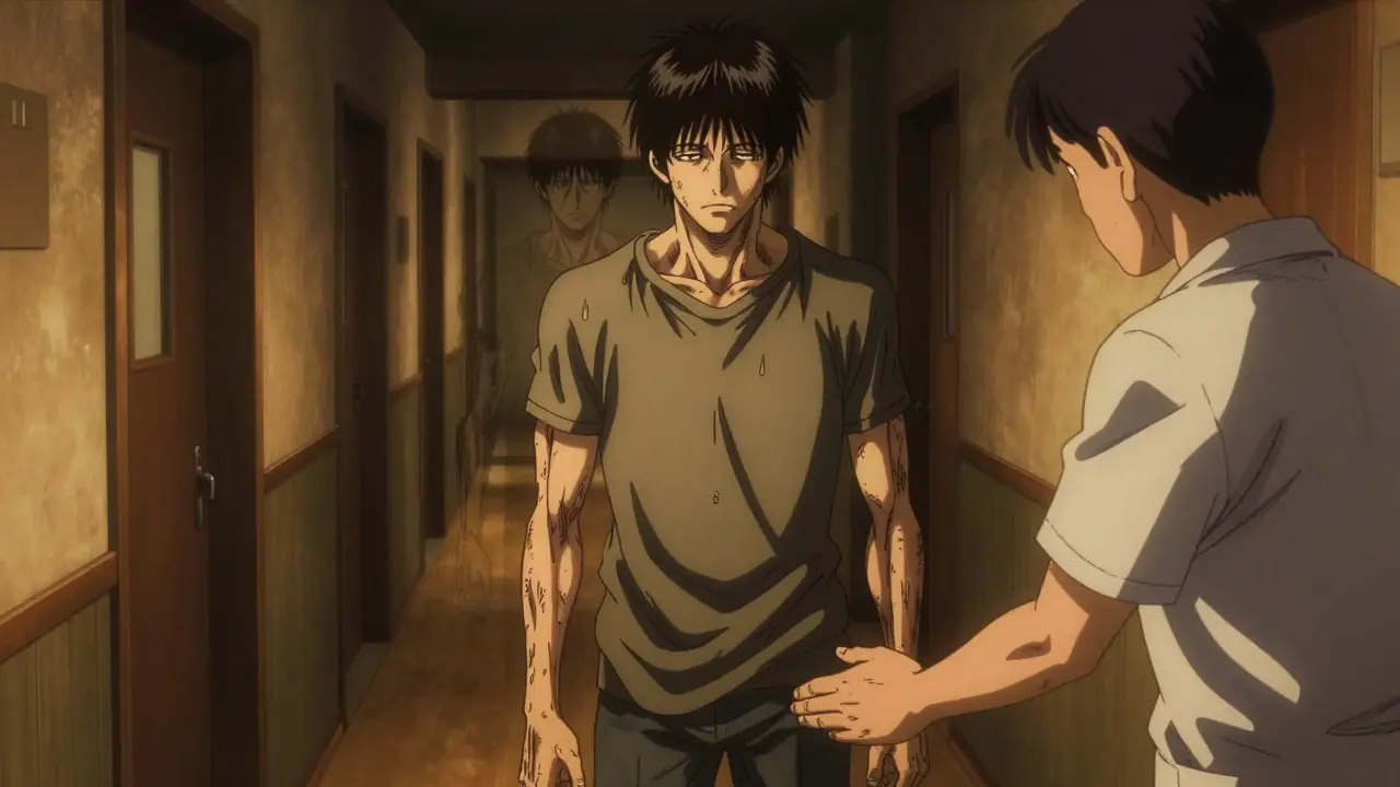 Sepsis survivor facing fatigue and recovery challenges with support, detailed anime art.
