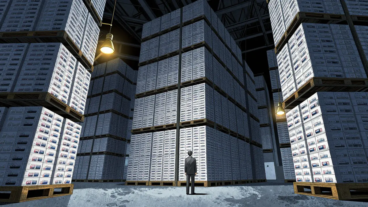 Small figure facing massive warehouse of drug boxes