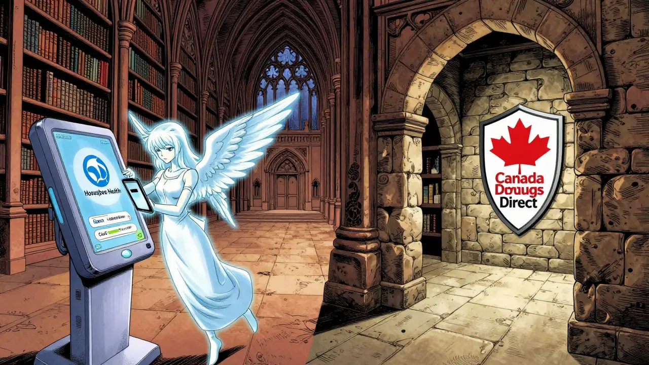 Two paths: telemedicine speed vs Canadian pharmacy savings in manga style.
