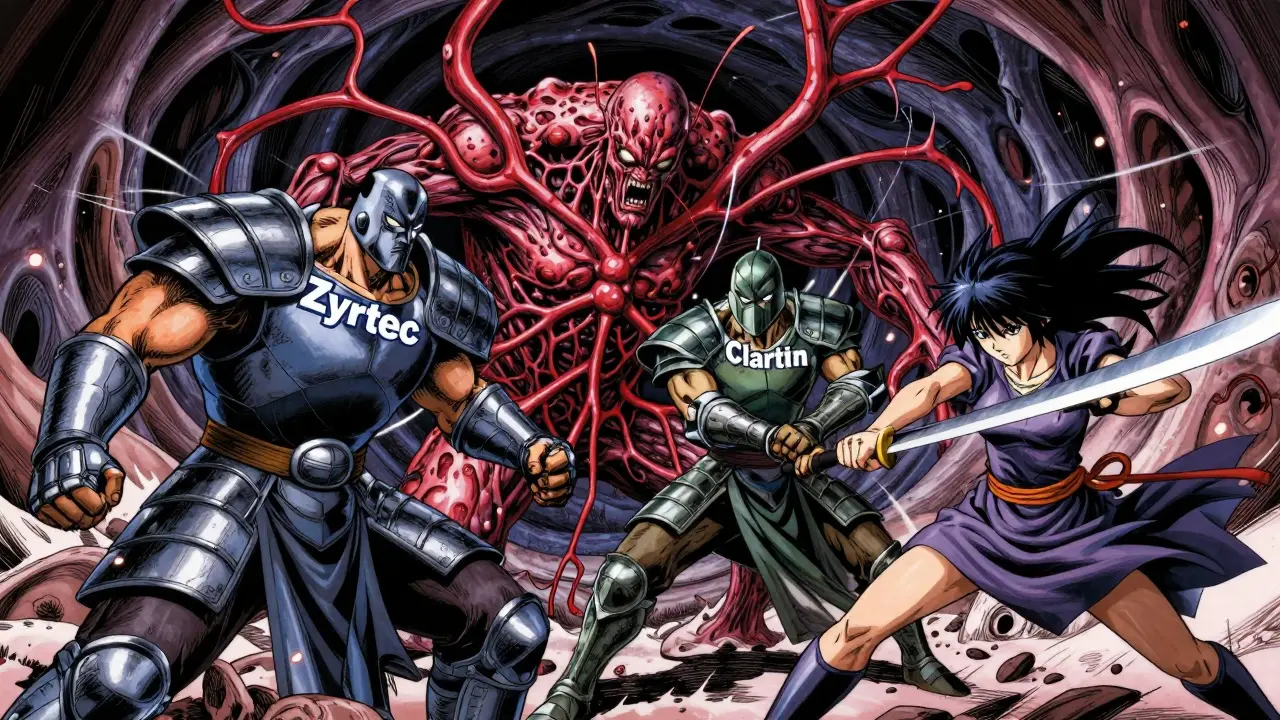 Warriors blocking a monster representing histamine in a dark body interior