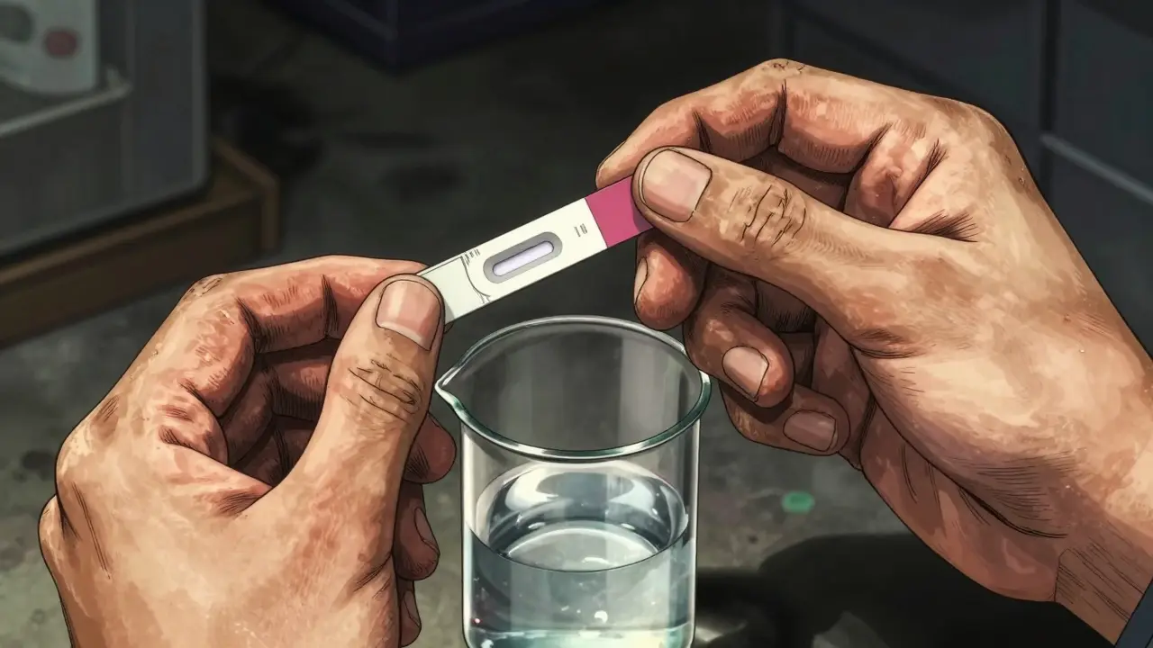 Close-up manga style of hands using a fentanyl test strip for drug safety