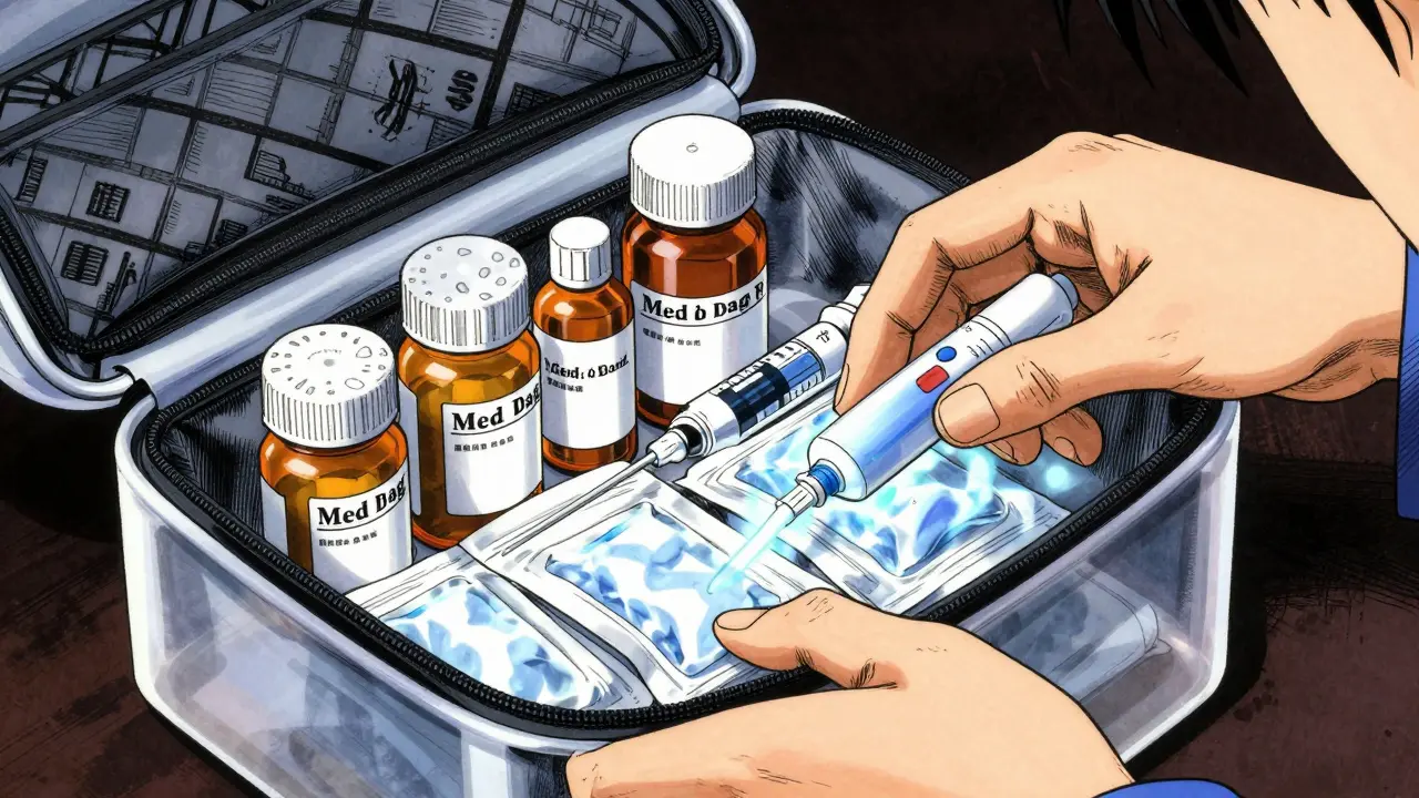 Close-up of hands packing labeled medicine bottles and ice packs in a clear bag