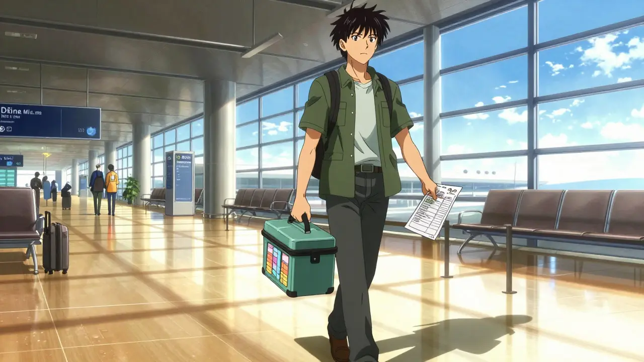 Confident traveler walking through airport with organized medical kit