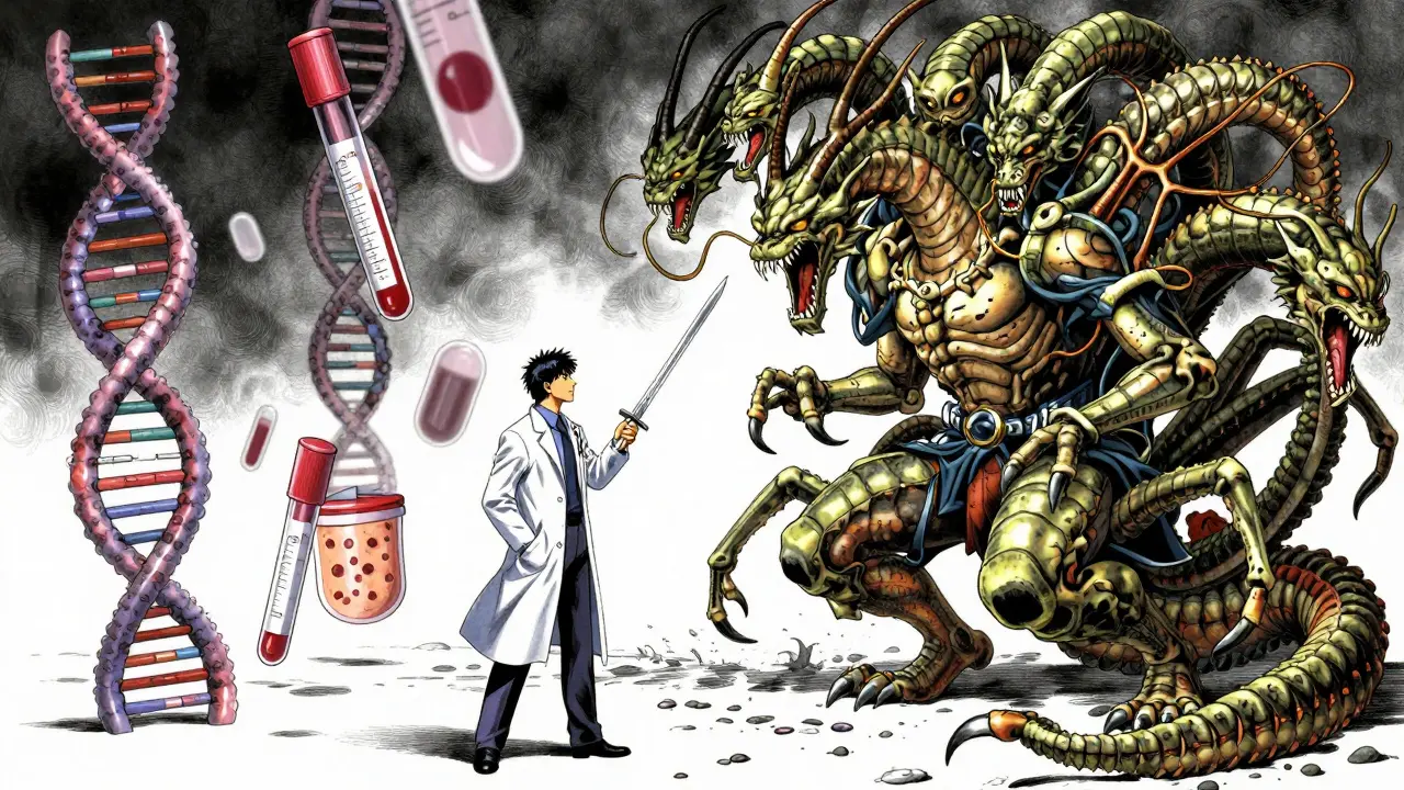 Doctor warrior fighting a hydra symbolizing drug allergy diagnosis