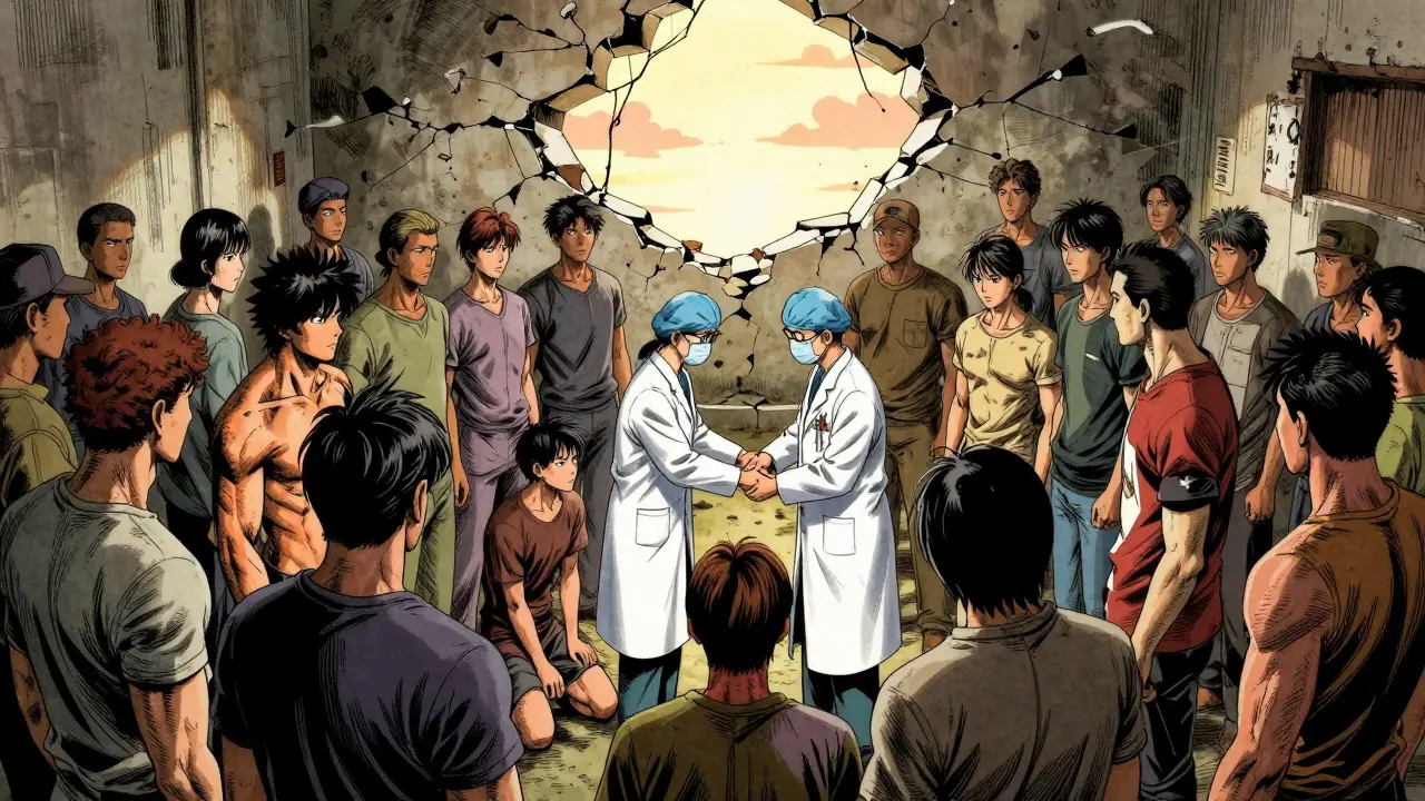 Epic illustration of community support and medical care breaking down stigma