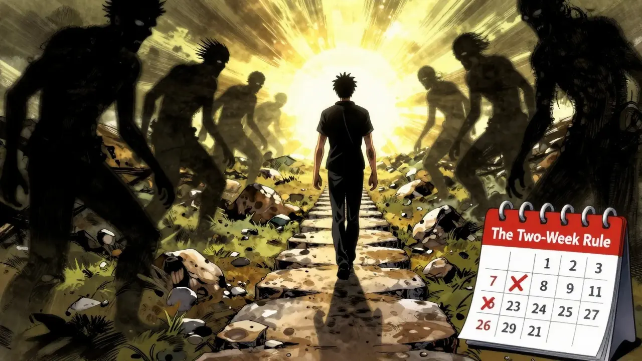 Figure walking past fading shadows toward health recovery