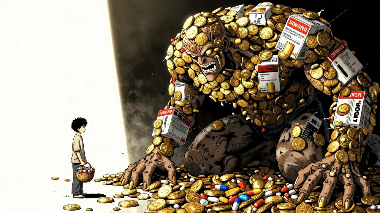 Giant coin monster looming over person with generic meds