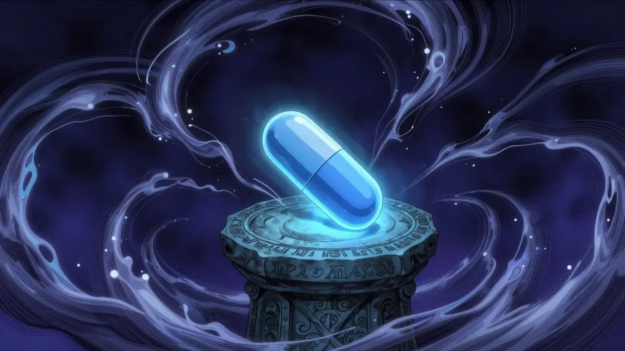 Glowing generic pill with swirling energy in manga art