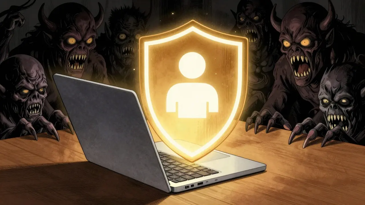 Laptop shield protecting against scam monsters in anime