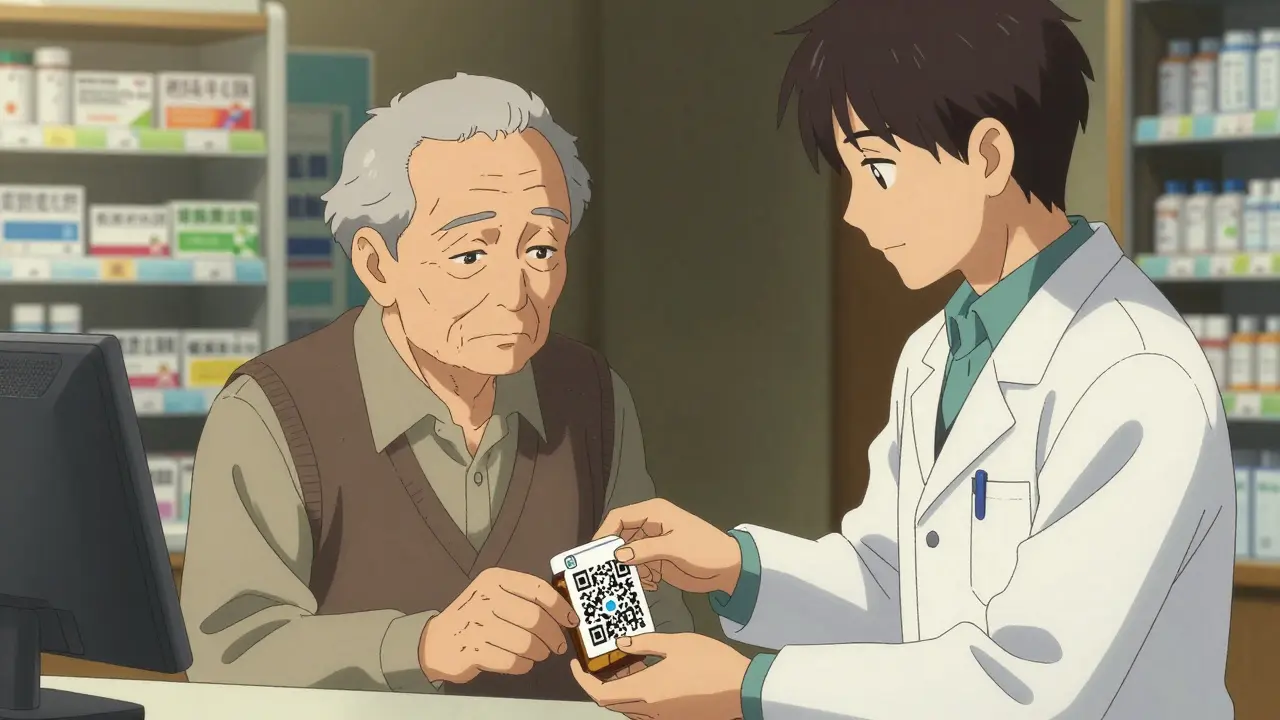 Pharmacist assists elderly patient scanning QR code on medicine bottle