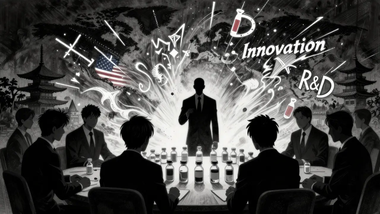 Shadowy figures negotiating drug prices at a table