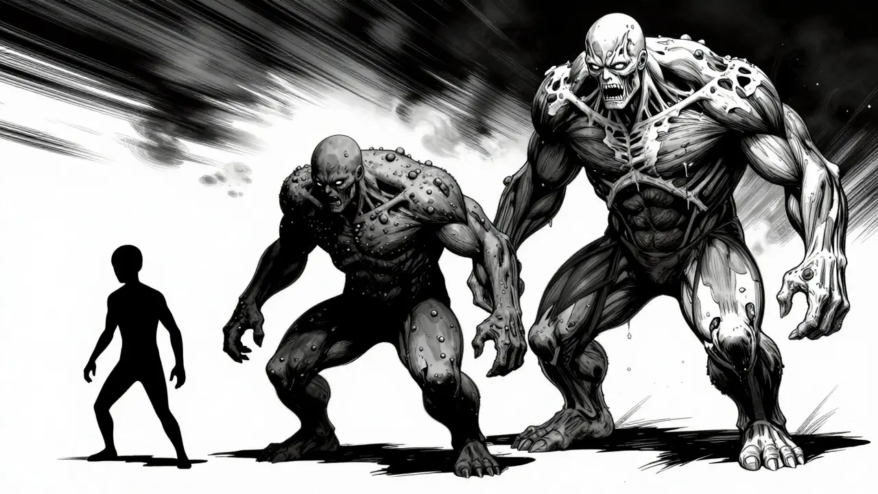 Three monsters representing mild, moderate, and severe drug reactions